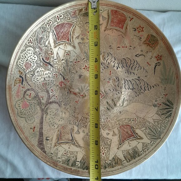 Etched Brass Bowl Colored- Tigers Elephants- wall hanging 10 inch - Picture 3 of 11